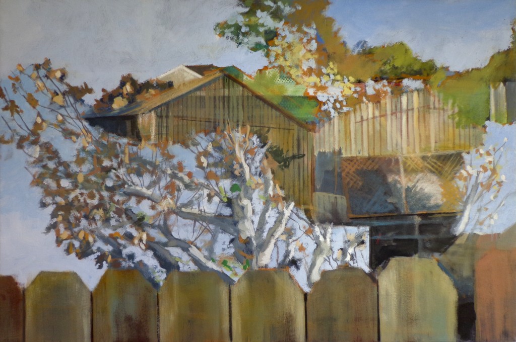 Autumn, House, Fence and Trees, David Dunn, oil on canvas, 24 x 36 inches.