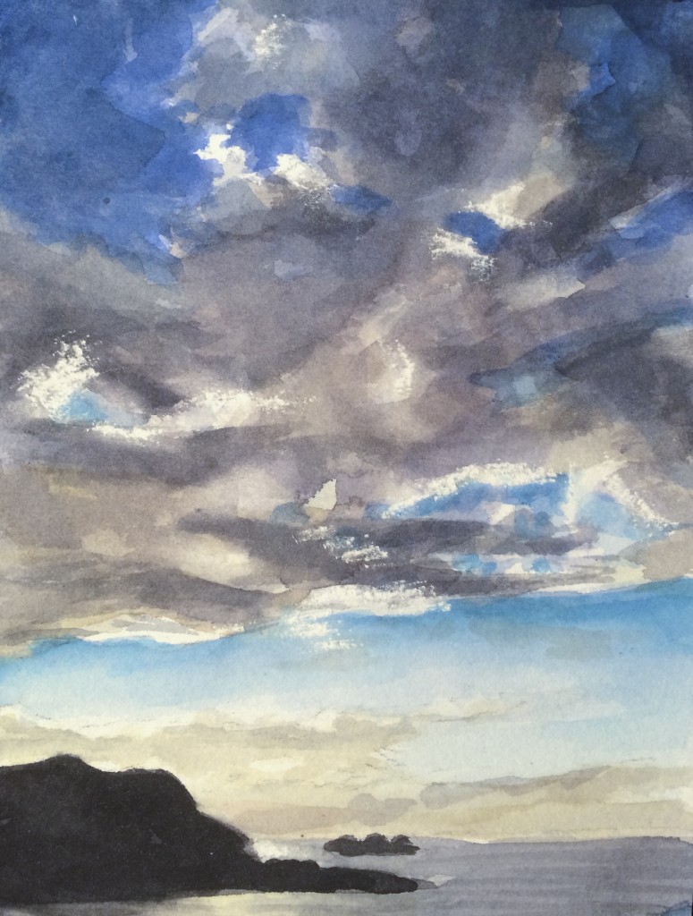 Clouds over Pedro Point California painting by David Dunn,, 6 x 4 inches, watercolor on paper, 2018, ocean drawing