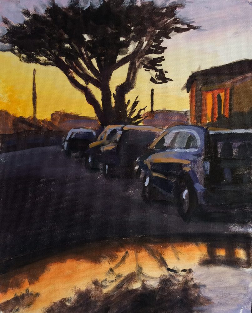 Tree Cars Sunset Pacifica California painting by David Dunn, oil on canvas, 10 x 8 inches, 2018