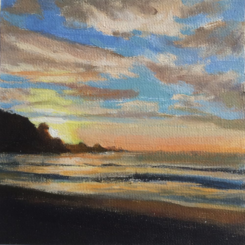 Linda Mar Beach California painting by David Dunn, oil on canvas, 6 x 6 inches, sold 2018, clouds and ocean drawing