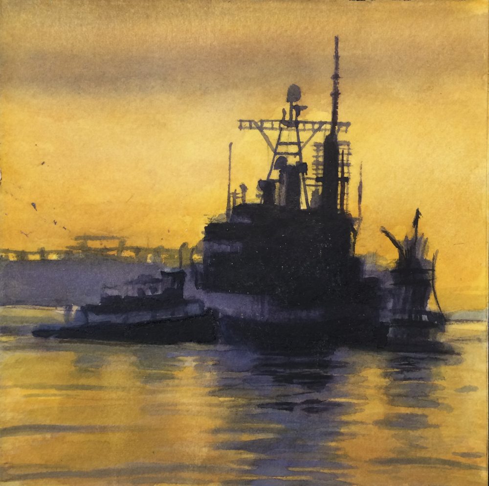 Boat San Francisco Bay California painting by David Dunn, watercolor on paper, 6 x 6 inches, boats, ocean drawing