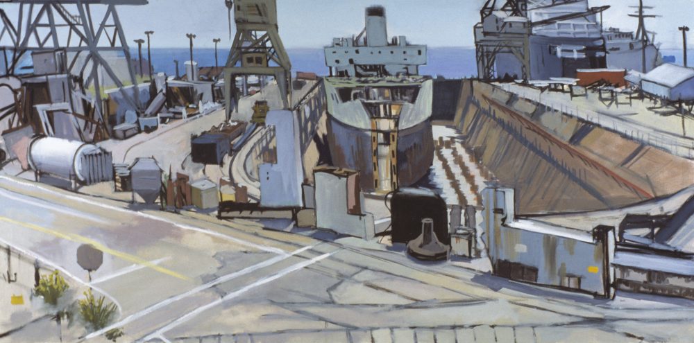 Drydock 1 San Francisco California Painting by David Dunn, oil on canvas, 36 x 72 inches, sold in 2001, ship, bay and ocean drawing